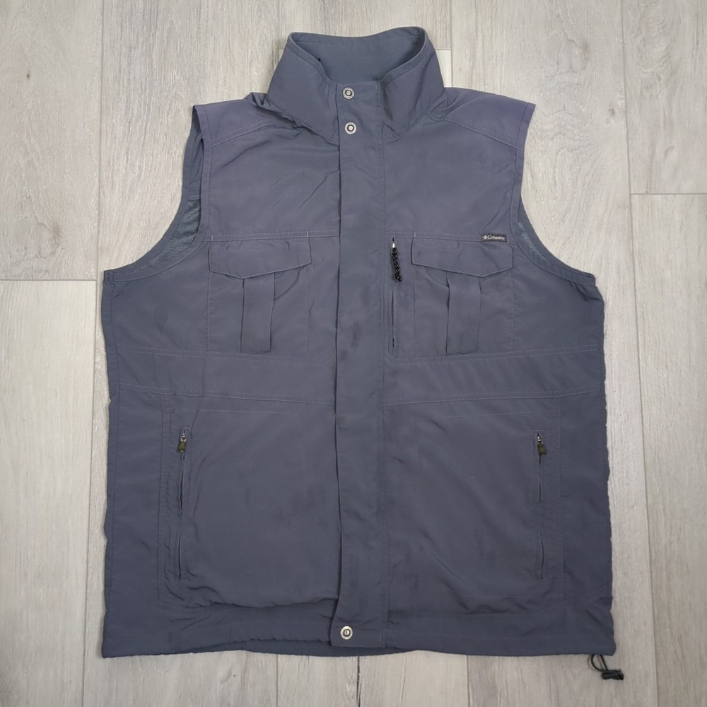 Columbia Fishing Vest Mens Extra Large Gray Utility Pockets Omni Shade Zip Snap